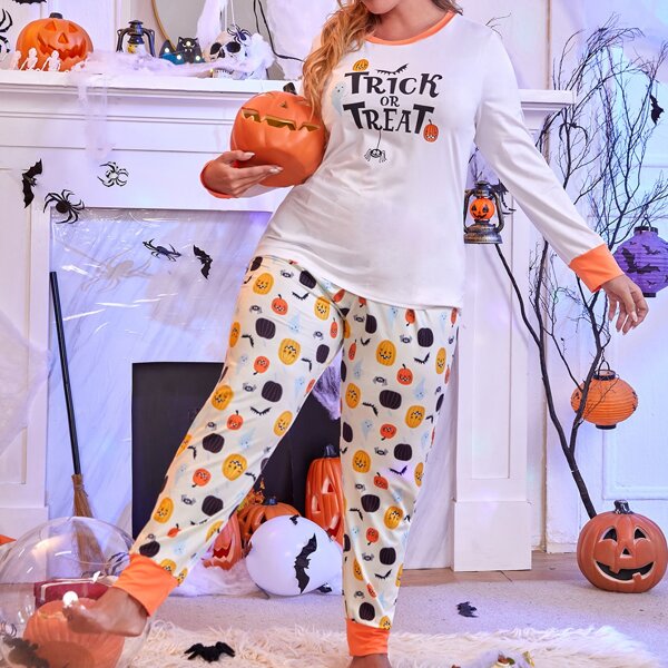 

Plus Halloween Print Contrast Trim Top & Pants PJ Set, Multicolor