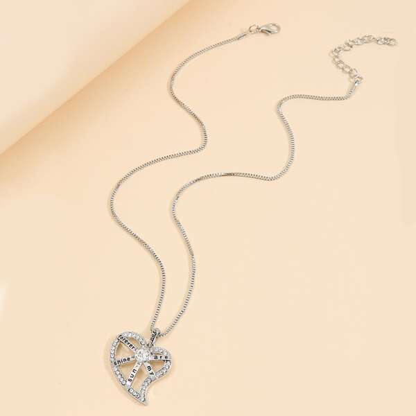 

Hollow Out Heart Charm Necklace, Silver