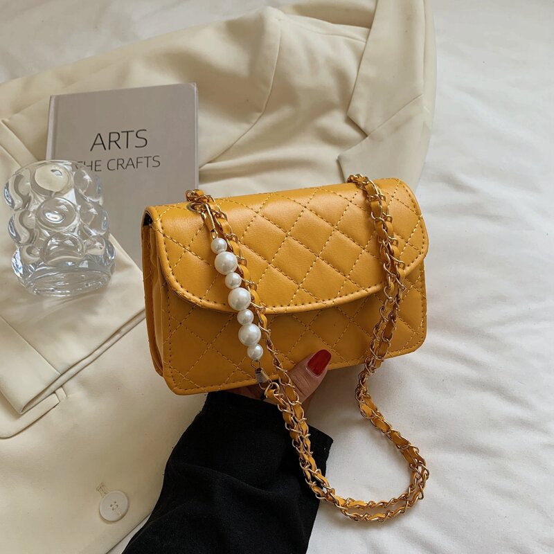 

Solid Quilted Faux Pearl Decor Chain Shoulder Bag, Yellow