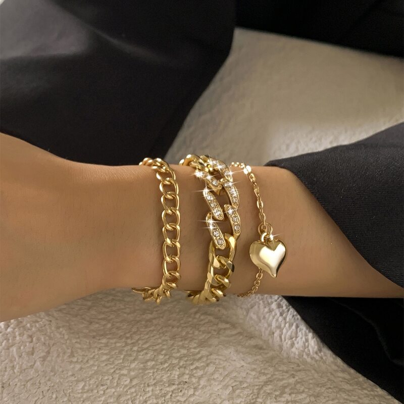 

3pcs Heart Decor Chain Bracelet, Gold
