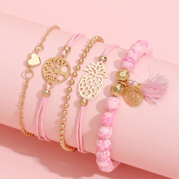 

5pcs Heart & Tree Decor Bracelet, Pink