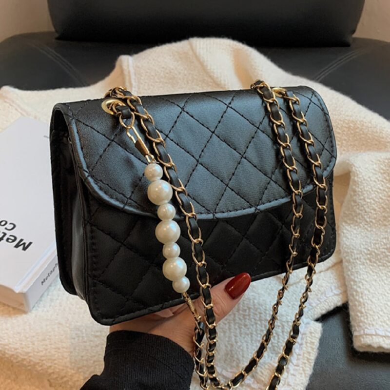 

Solid Quilted Faux Pearl Decor Chain Shoulder Bag, Black