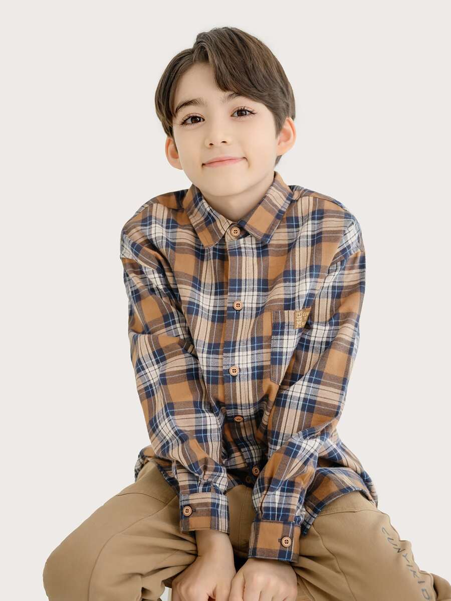 Áo sơ mi Trai Túi Nút phía trước Chắp vá kẻ sọc Sẵn sàng - màu nâu - Xem 1
