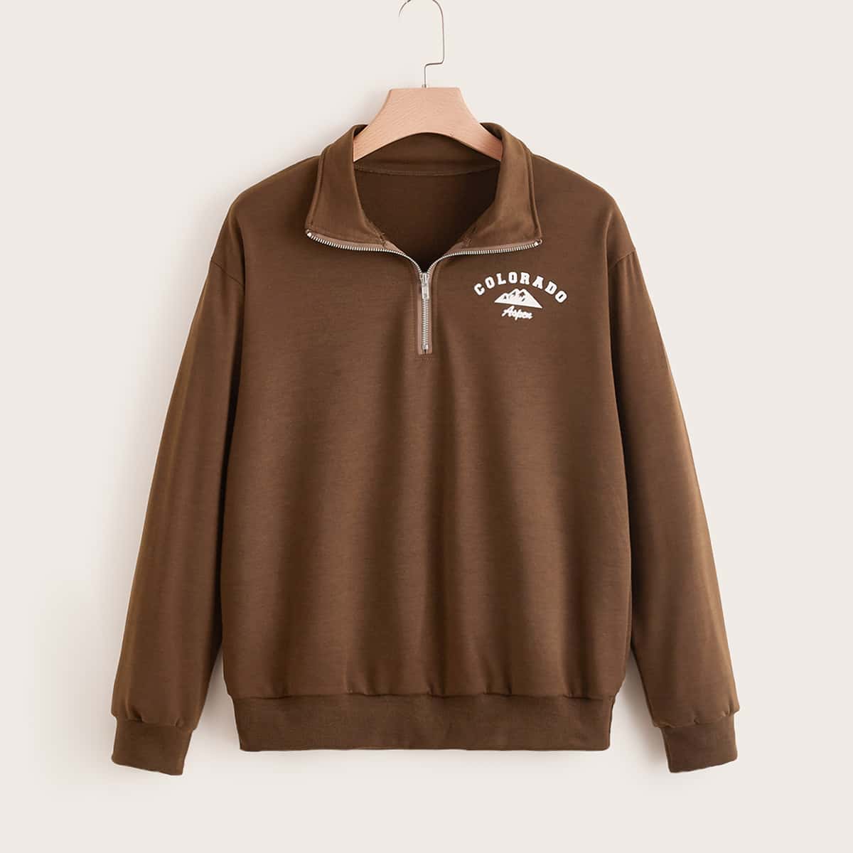 

Letter Graphic Half Zip Sweatshirt, Brown
