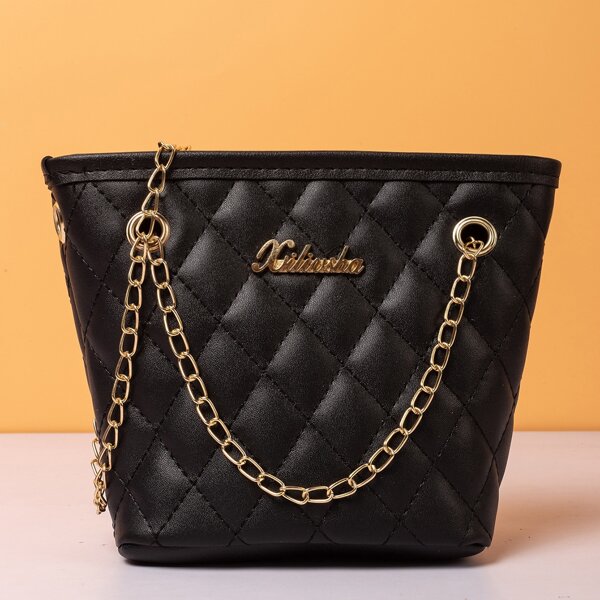 

Minimalist Quilted Chain Shoulder Bag, Black