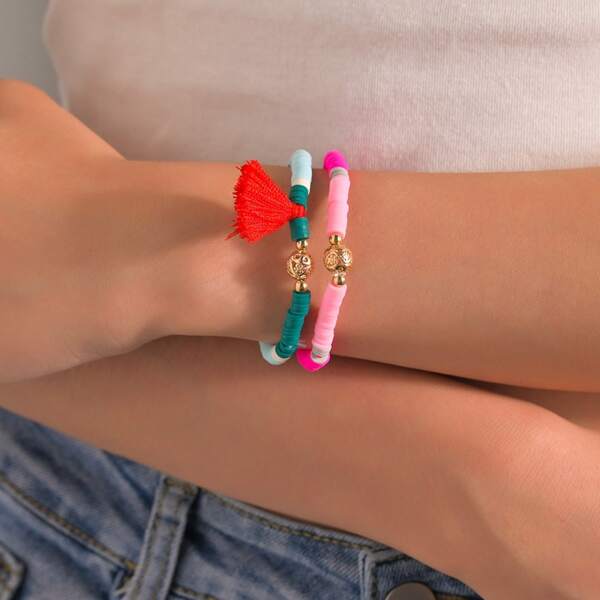 

2pcs Tassel Charm Bracelet, Multicolor
