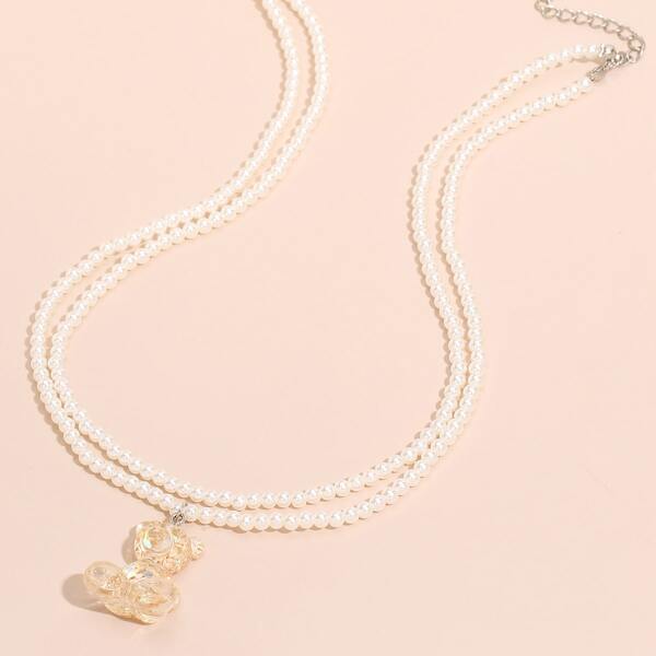 

Многослойное ожерелье с медведем из искусственных жемчугов, Белый