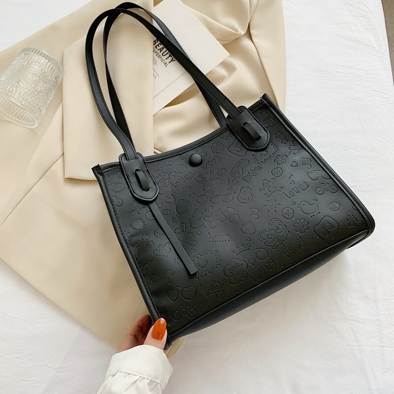 

Solid Cartoon Embossed Shoulder Tote Bag, Black