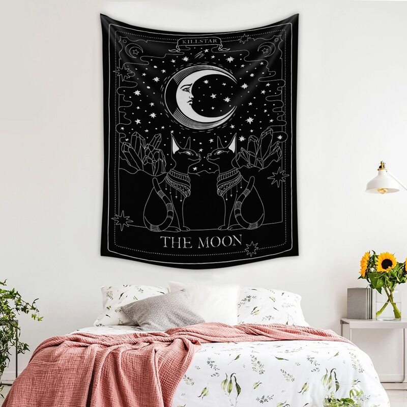 

Cat & Moon Print Tapestry, Black and white