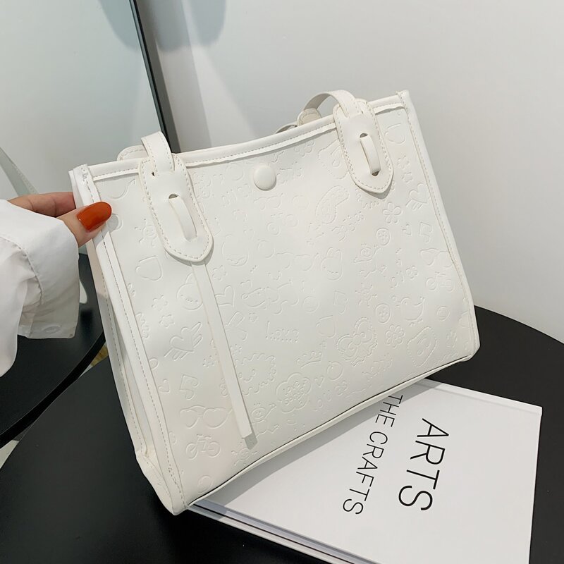 

Minimalist Cartoon Embossed Shoulder Tote Bag, White