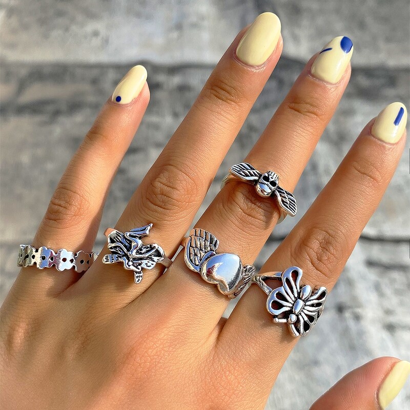

5pcs Flower & Heart Graphic Ring, Antique silver