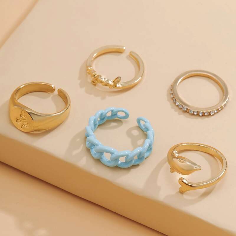 

5pcs Rhinestone & Serpentine Graphic Ring, Gold