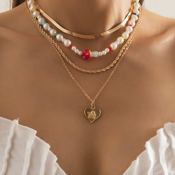 

4pcs Angel Engraved Heart Charm Necklace, Gold