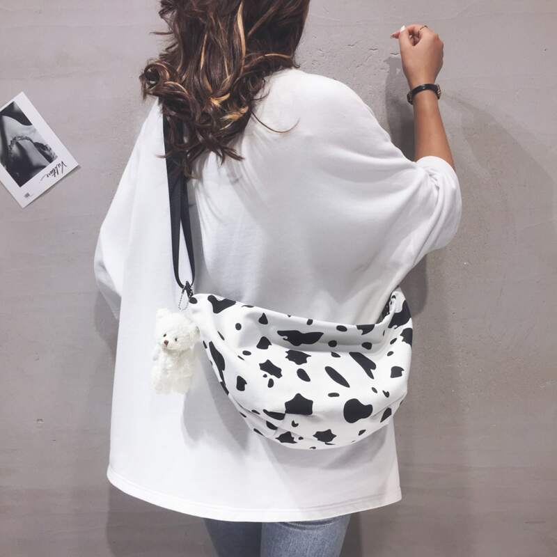 

Cow Print Crossbody Bag, Black and white
