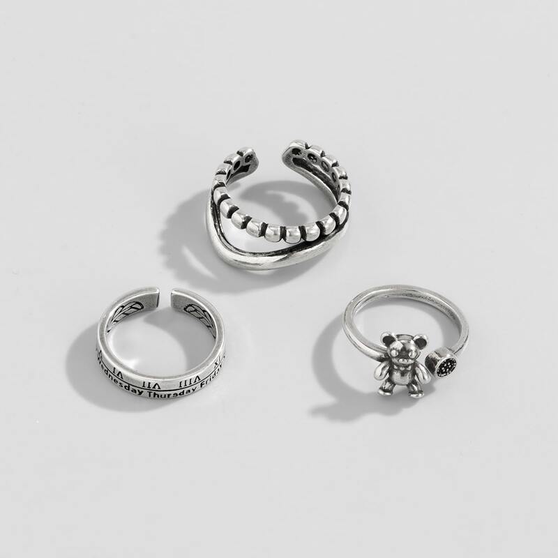 

3pcs Bear & Letter Cuff Ring, Antique silver