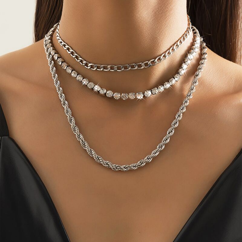 

3pcs Rhinestone Decor Necklace, Silver