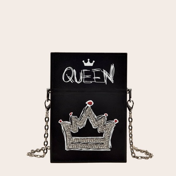 

Letter Graphic Rhinestone Decor Chain Box Bag, Black