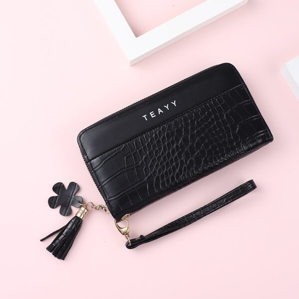 

Tassel Decor Croc Embossed Long Wallet, Black
