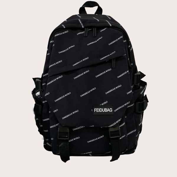 

Letter Graphic Release Button Detail Backpack, Black and white