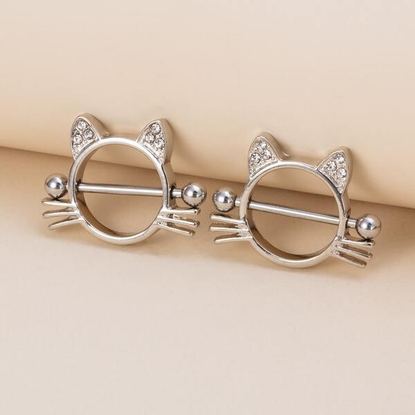 

2pcs Cat Design Nipple Ring, Silver