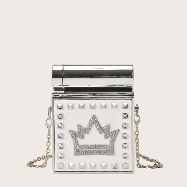

Spiked & Rhinestone Decor Chain Box Bag, White