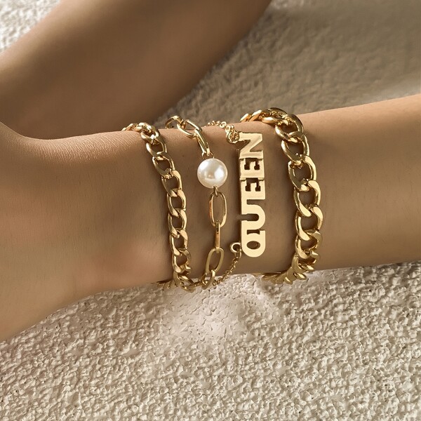 

4pcs Faux Pearl & Letter Decor Bracelet, Gold