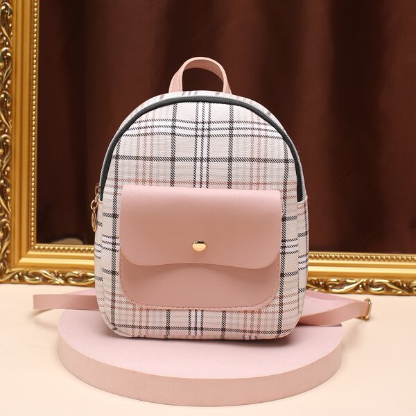 

Plaid Tartan Pocket Detail Flap Backpack, Pink