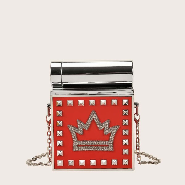 

Spiked & Rhinestone Decor Chain Box Bag, Red