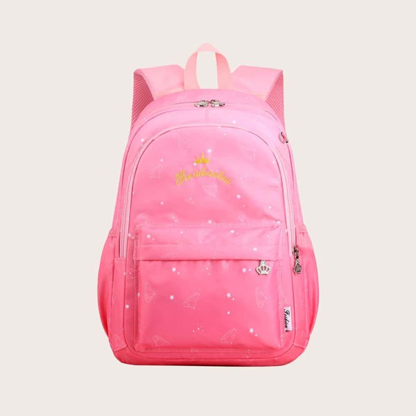 

Girls Letter Embroidery Star Graphic Functional Backpack, Pink