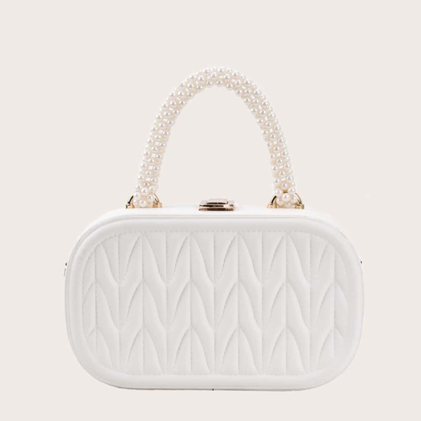 

Minimalist Quilted Faux Pearl Decor Satchel Bag, White