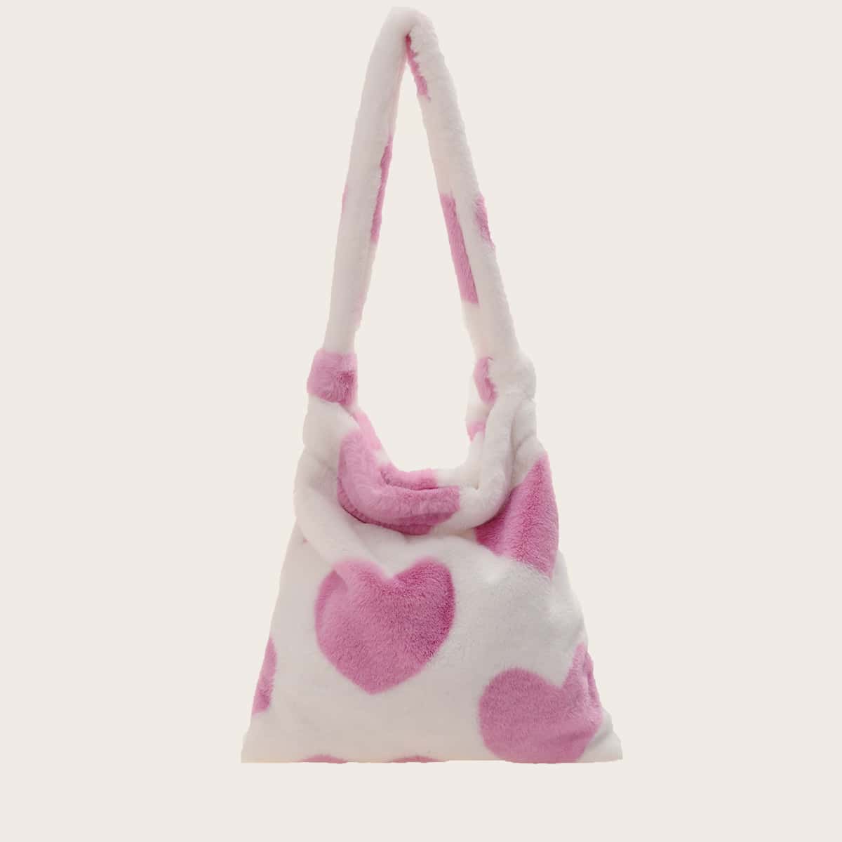 

Heart Graphic Fluffy Shoulder Bag, Multicolor