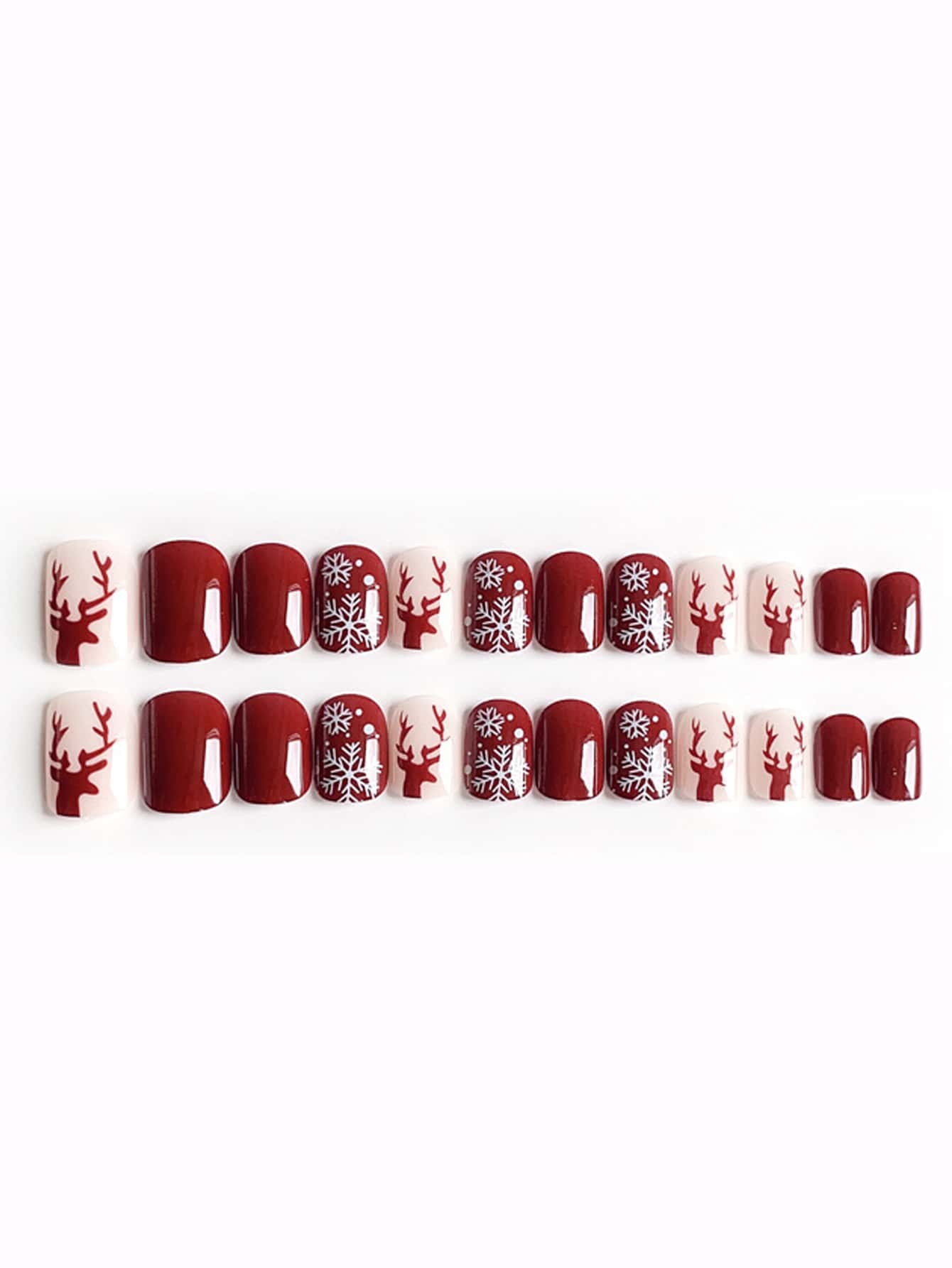 24pcs Christmas Snowflake Print Fake Nail & 1sheet Tape - Red and White - View 2