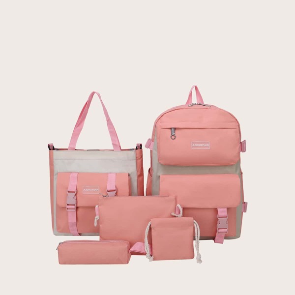

5Pcs Two Tone Buckle Decor Bag Set, Pink