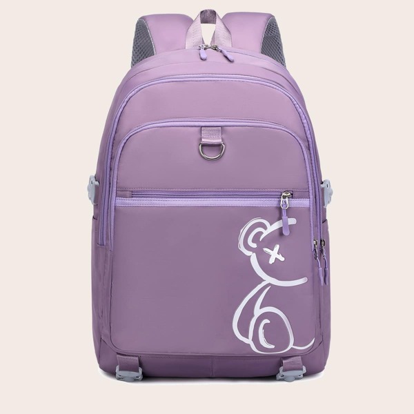 

Cartoon Graphic Buckle Decor Functional Backpack, Purple