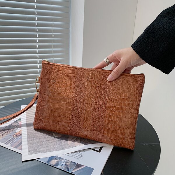 

Croc Embossed Square Bag With Wristlet, Brown