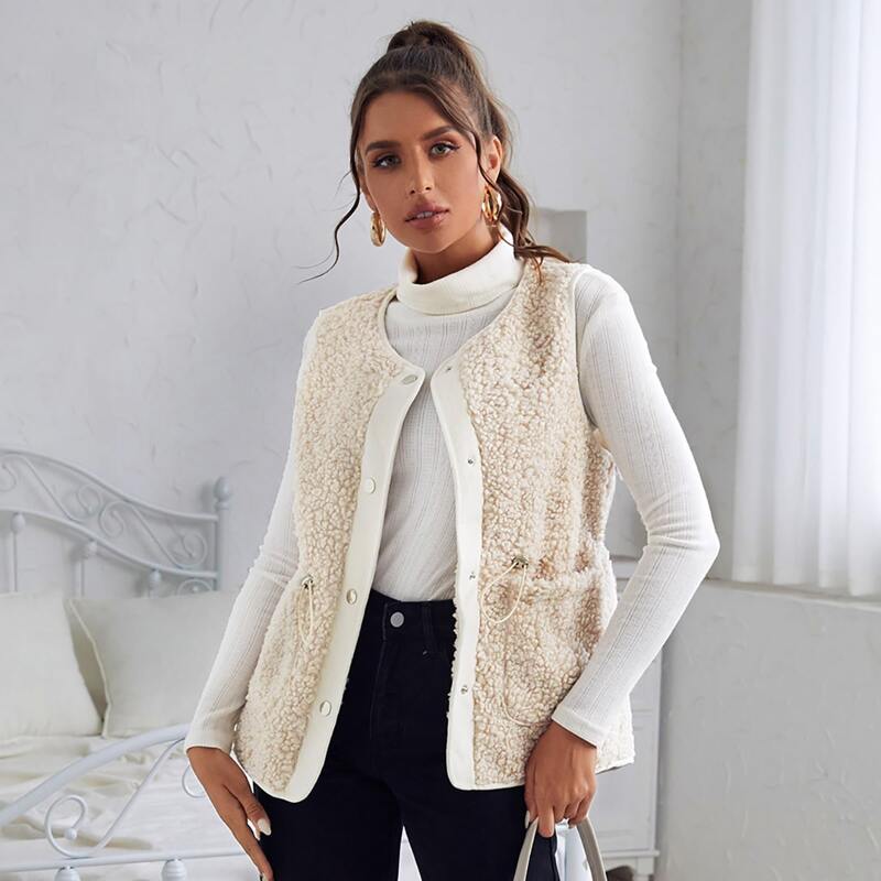 

Dual Pocket Drawstring Waist Button Up Teddy Vest Coat, Beige
