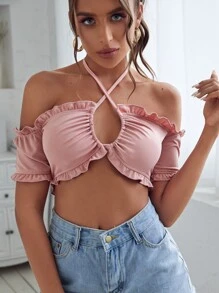 SHEIN Frill Trim Ruched Bust Crisscross Halter Top - Dusty Pink - View 1