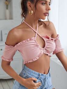 SHEIN Frill Trim Ruched Bust Crisscross Halter Top - Dusty Pink - View 4