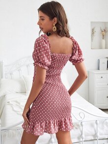 SHEIN Square Neck Polka Dot Print Shirred Ruffle Hem Bodycon Dress - Dusty Pink - View 2