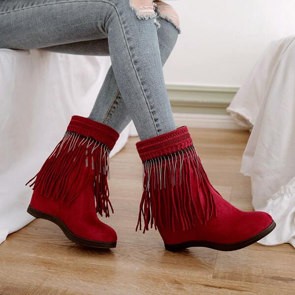 

Suede Tassel Decor Hidden Heeled Boots, Red