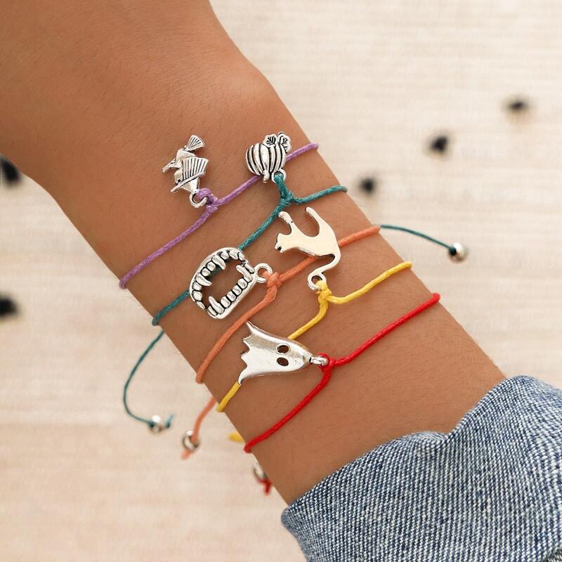 

5pcs Ghost Charm Rope Bracelet, Silver