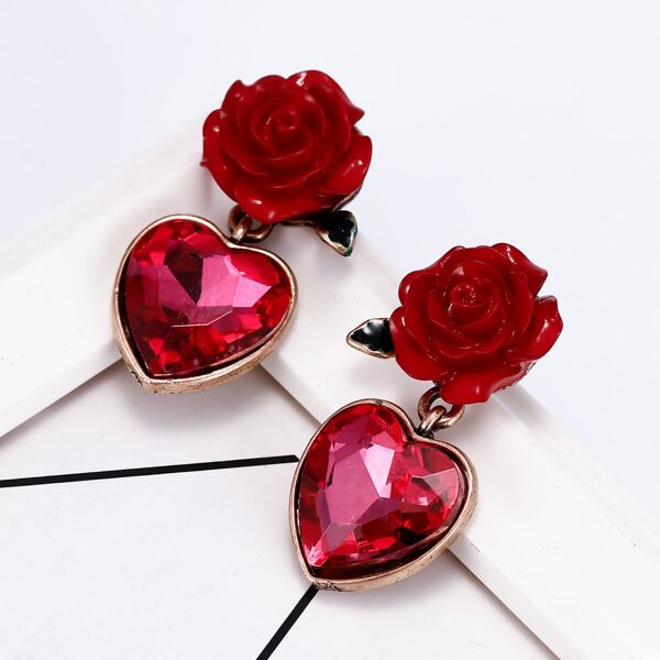 

Flower & Heart Drop Earrings, Red