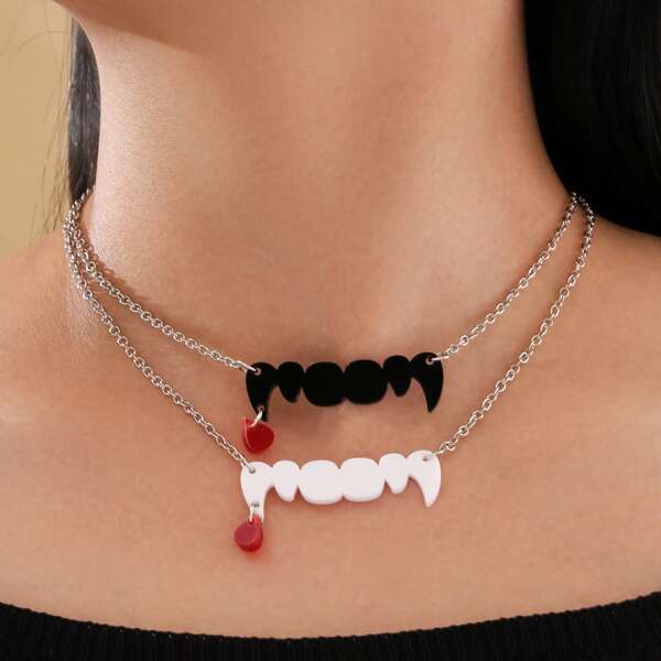 

2pcs Halloween Tooth Necklace, Multicolor