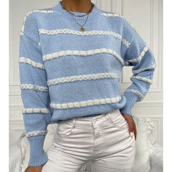 

Striped Pattern Drop Shoulder Sweater, Blue and white
