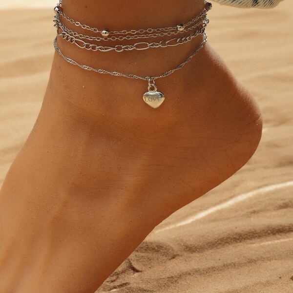 

4pcs Heart Charm Anklet, Silver