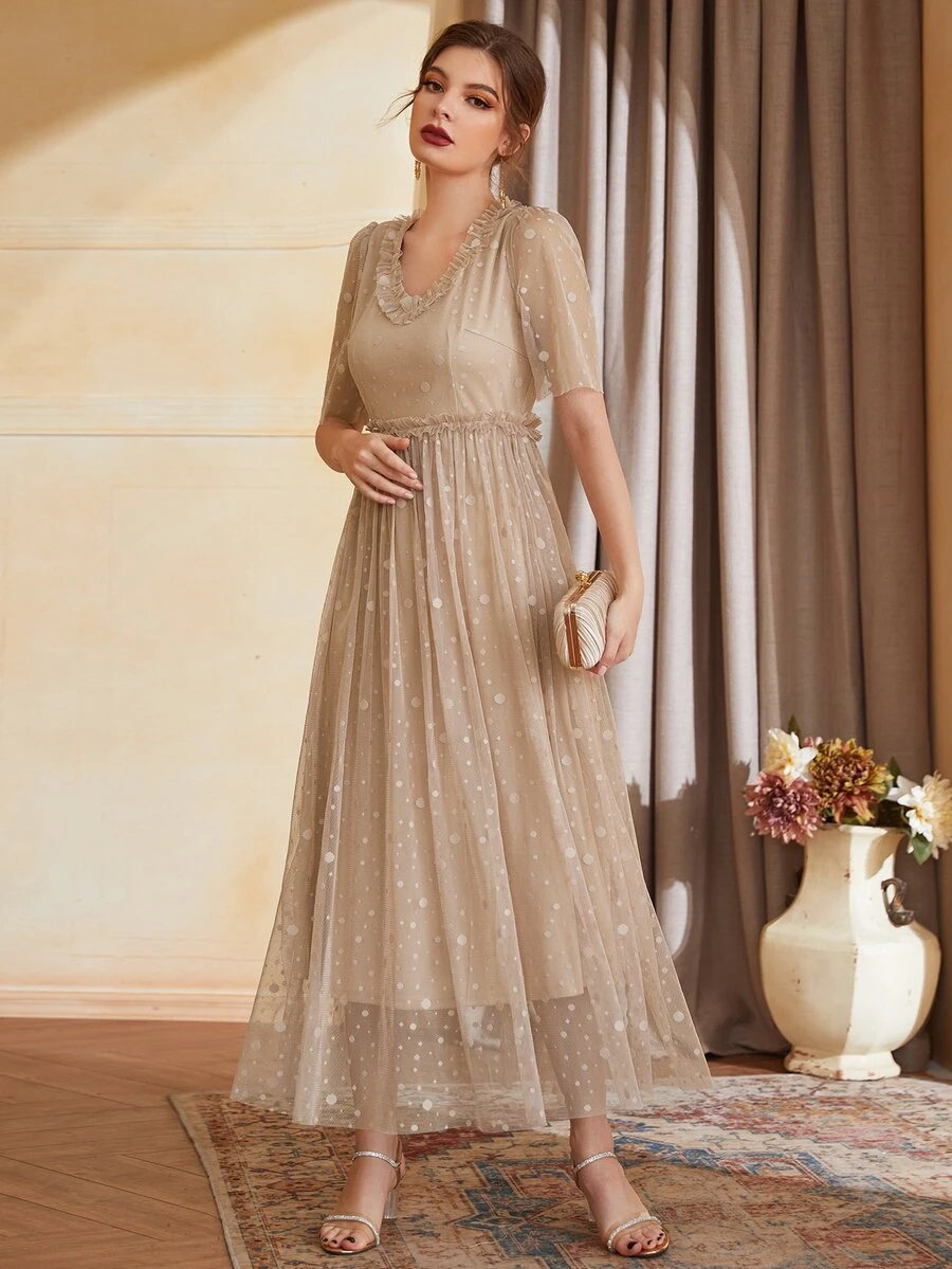 網紗拼接邊短袖連衣裙 - 杏色 - 查看 1