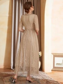 網紗拼接邊短袖連衣裙 - 杏色 - 查看 2