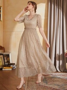 網紗拼接邊短袖連衣裙 - 杏色 - 查看 3