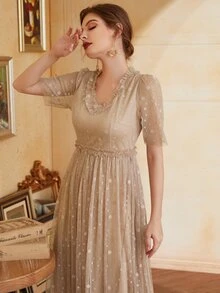 網紗拼接邊短袖連衣裙 - 杏色 - 查看 4