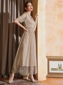 網紗拼接邊短袖連衣裙 - 杏色 - 查看 5